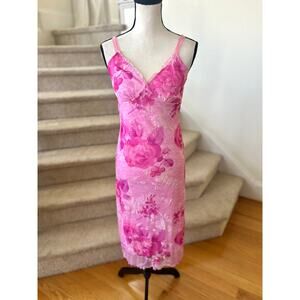 Vintage 90s Y2K Party Express Hot Pink Rose Floral Lettuce Hem Slip Dress